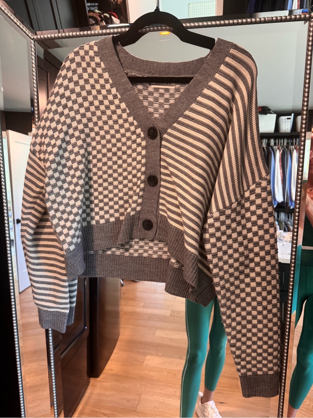 Cropped Gray Patterned Button-Front Cardigan Sweater